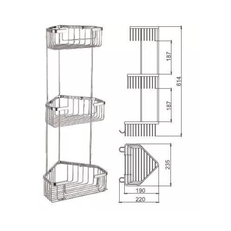 Угловая полка Frap F351-2, трехъярусная (нержавеющая сталь, хром)