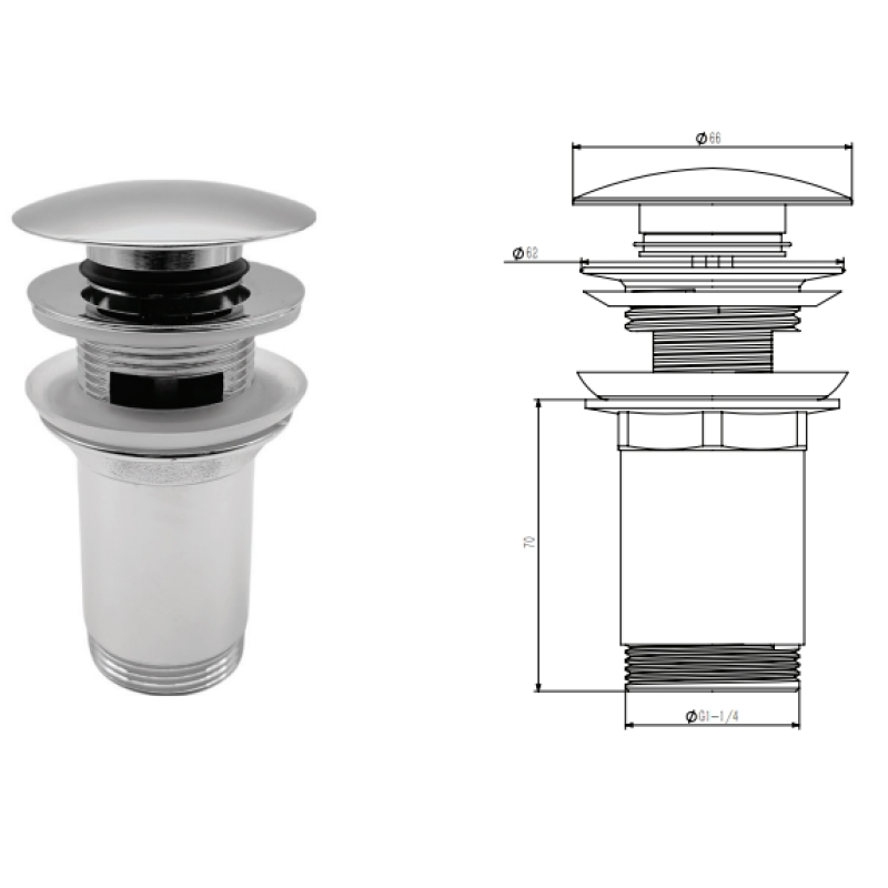Донний клапан для умивальника KollerPool KP-1011 click-clack з переливом, хром  