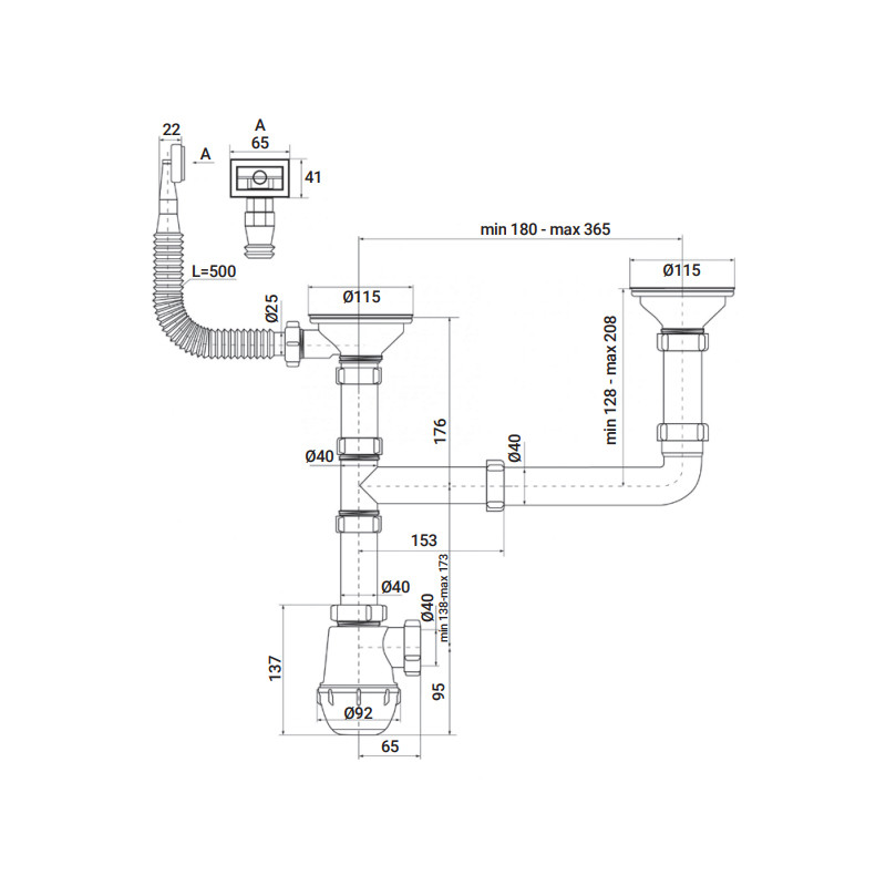 Сифон для кухні ZERIX SK-03-A 3 1/2"x40  з різьбовими випусками та відведенням для пральної машини 