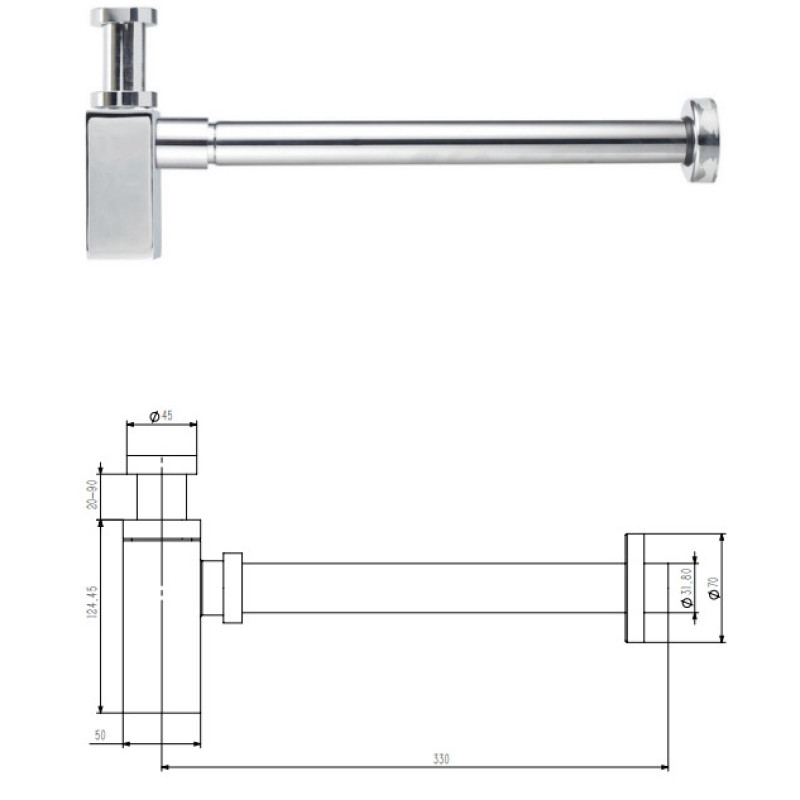 Сифон для умивальника квадратний KollerPool KP-7008 d32 латунь, хром  
