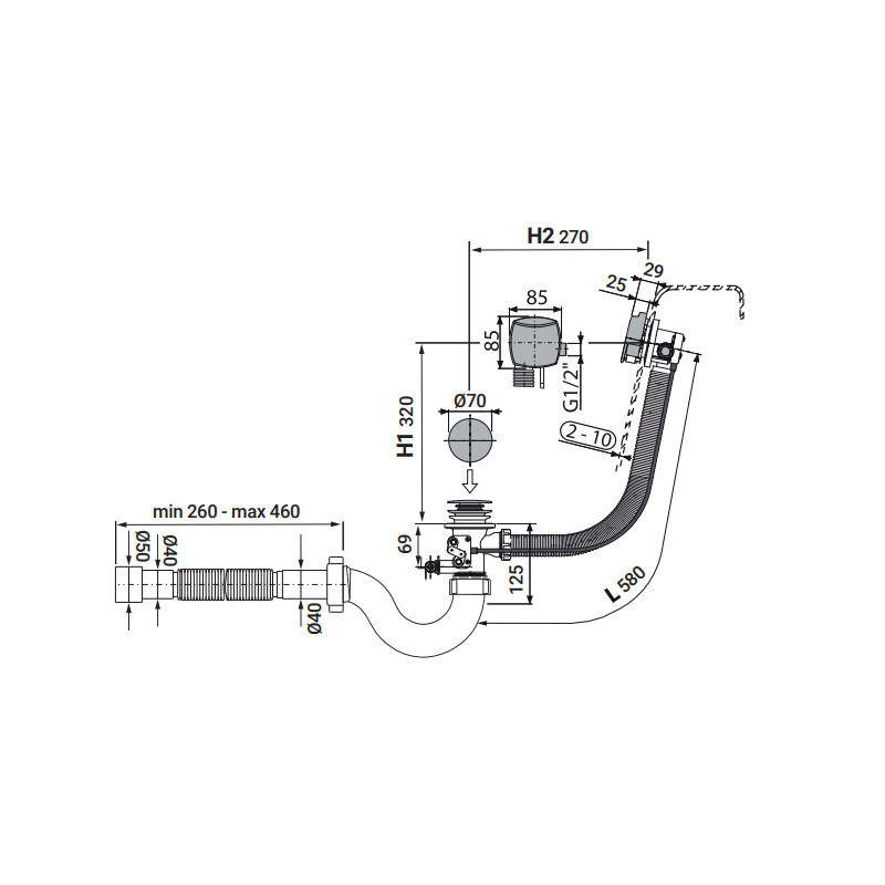 Сифон для ванної Zerix SV-01-B 580 напівавтомат, прямоточний з переливом 