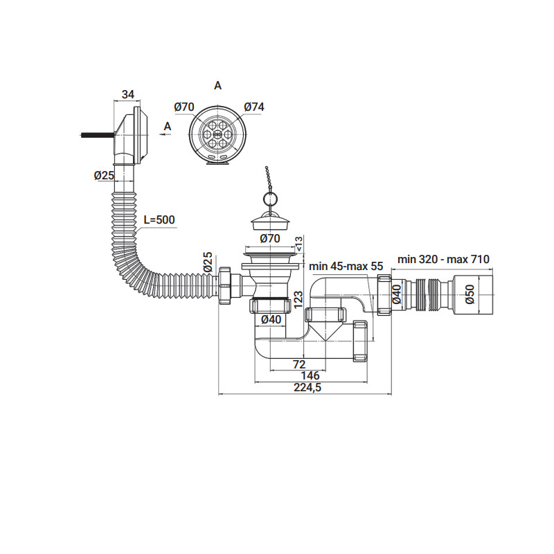 Сифон для ванной Zerix SV-02-A 1 1/2" с ревизией, выпуском и переливом.