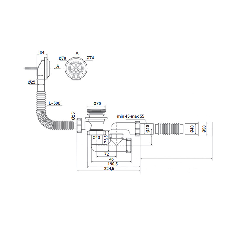 Сифон для ванної Zerix SV-02-C СLICK-СLACK з ревізією та переливом 