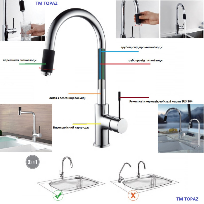 Змішувач для кухні TOPAZ CORSICA TC-8802-H48-PVD під осмос 