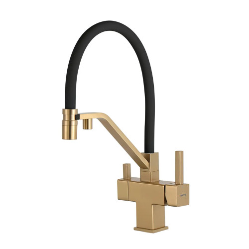 G4395-63 кухня під осмос одноваж. вис. силікон. вилив лат. шпилька Ø35 (сатин золотий/чорний) {8/1}