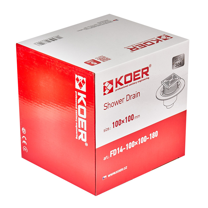 Душовий трап Koer FD14-100x100-180 SUS304 (AC0662) нержавіюча сталь, прямий відвід  