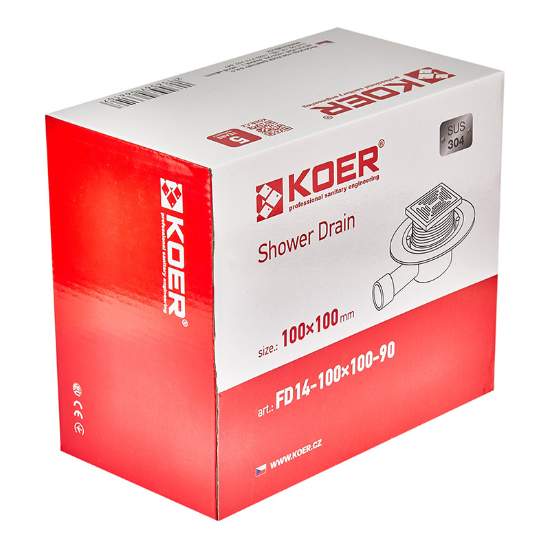 Душовий трап Koer FD14-100x100-90 SUS304 (AC0661) нержавіюча сталь, кутовий відвід 