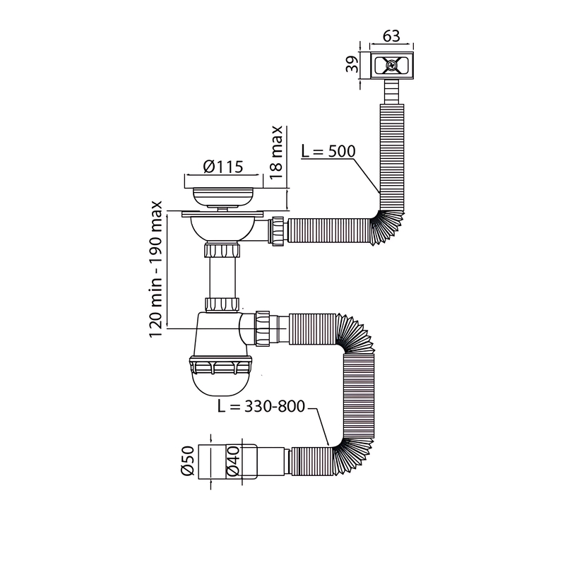 Сифон для кухні Mixxus SK-02-A 3 1/2"x40 з прямокутним переливом 