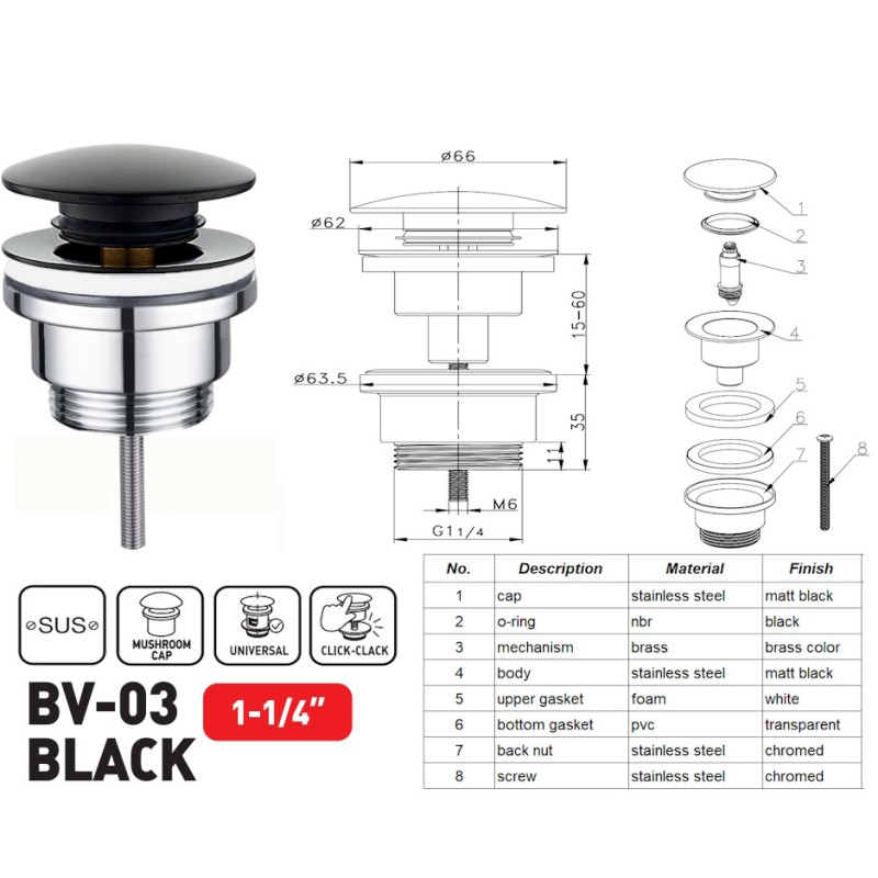 Донный клапан для раковины Zerix BV-03 BLACK 1 1/4'' СLICK-СLACK универсальный, черный