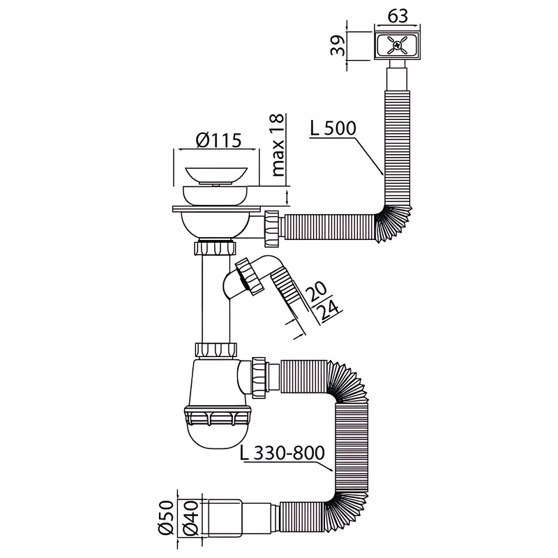 Сифон для кухні Mixxus SK-02-B 3 1/2"x40 з відведенням для пральної машини, прямокутний перелив 