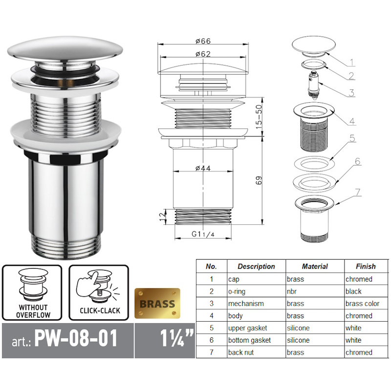 Донный клапан для раковины Koer PW-08-01 1 1/4'' СLICK-СLACK без перелива автоматический, хром