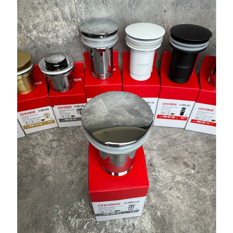 Донный клапан для раковины Koer PW-08-01 1 1/4'' СLICK-СLACK без перелива автоматический, хром