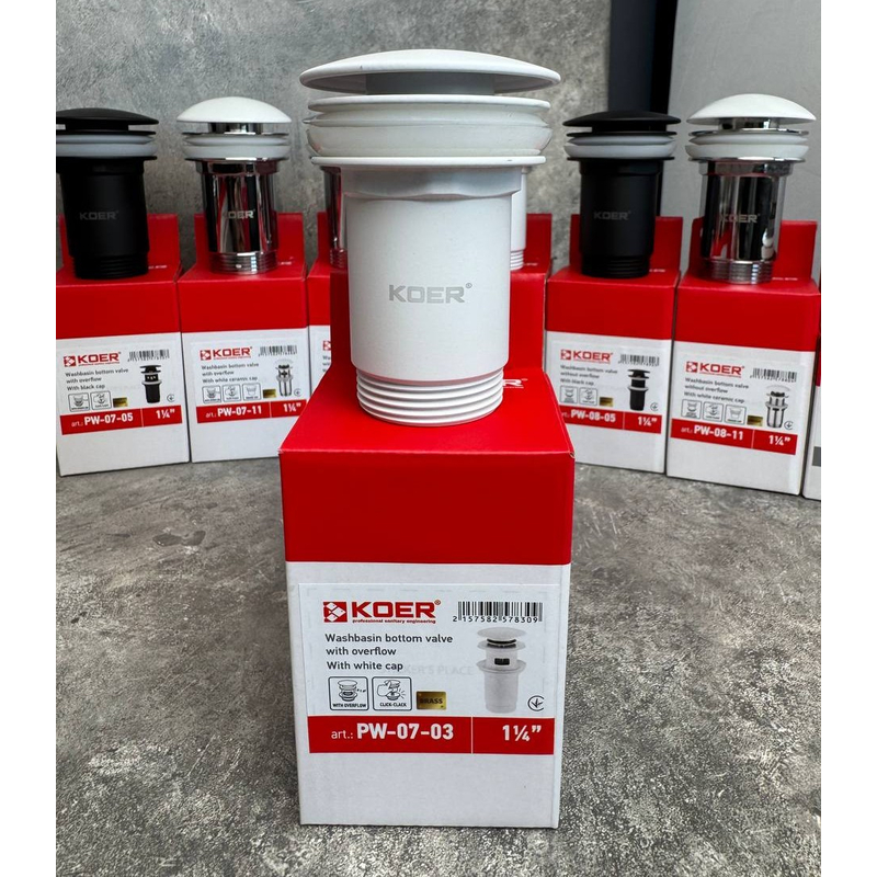 Донний клапан для раковини Koer PW-07-03 1 1/4'' СLICK-СLACK з переливом автоматичний, білий 