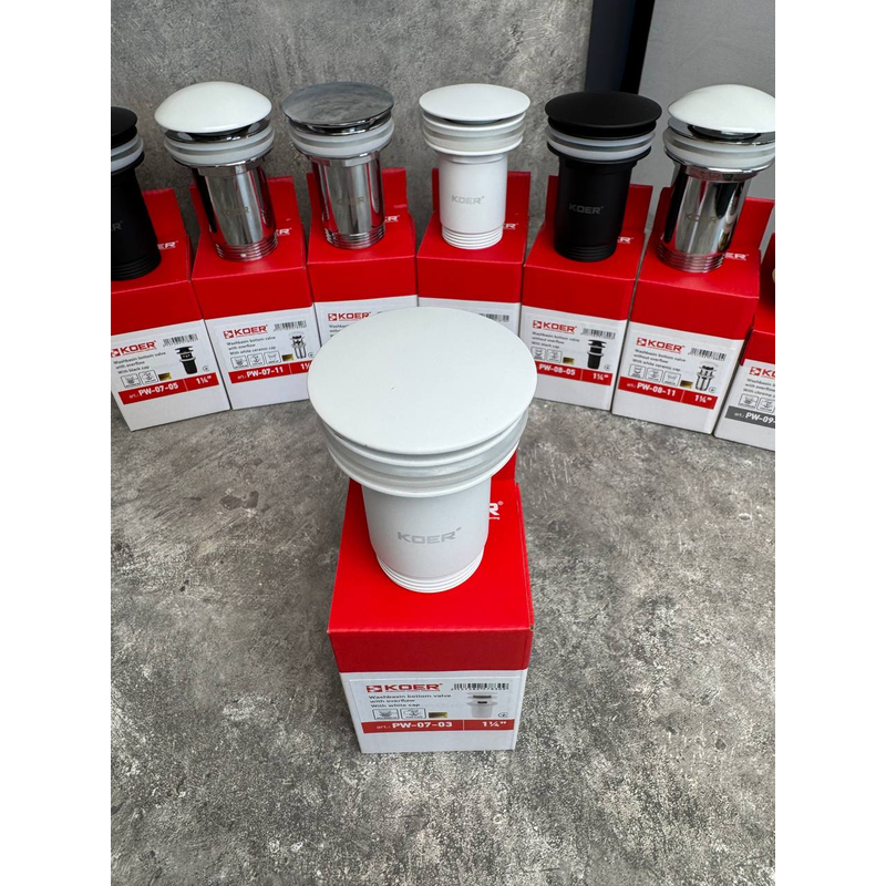 Донний клапан для раковини Koer PW-07-03 1 1/4'' СLICK-СLACK з переливом автоматичний, білий 