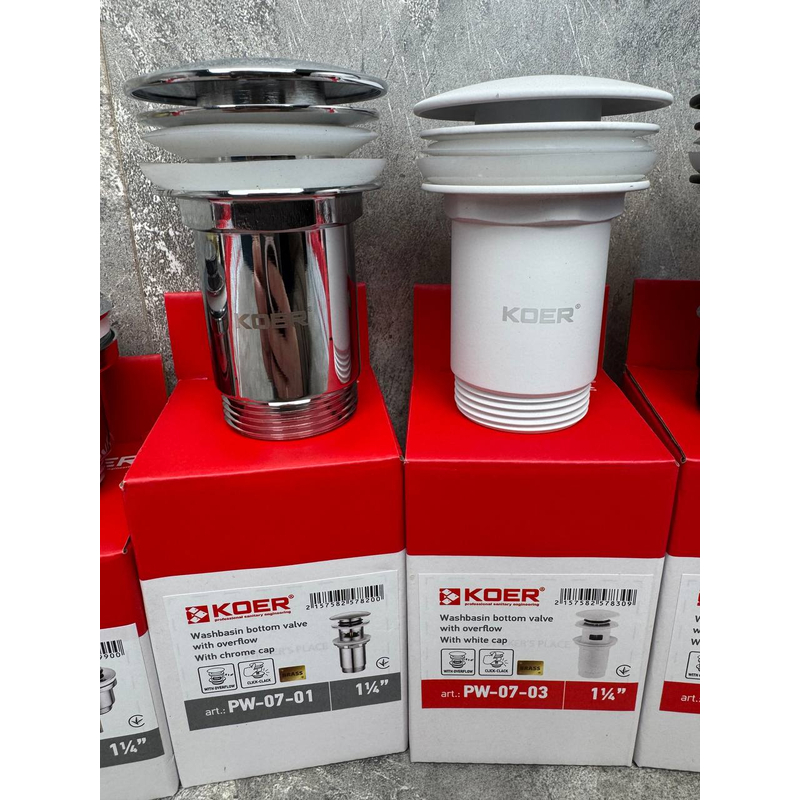 Донний клапан для раковини Koer PW-07-03 1 1/4'' СLICK-СLACK з переливом автоматичний, білий 