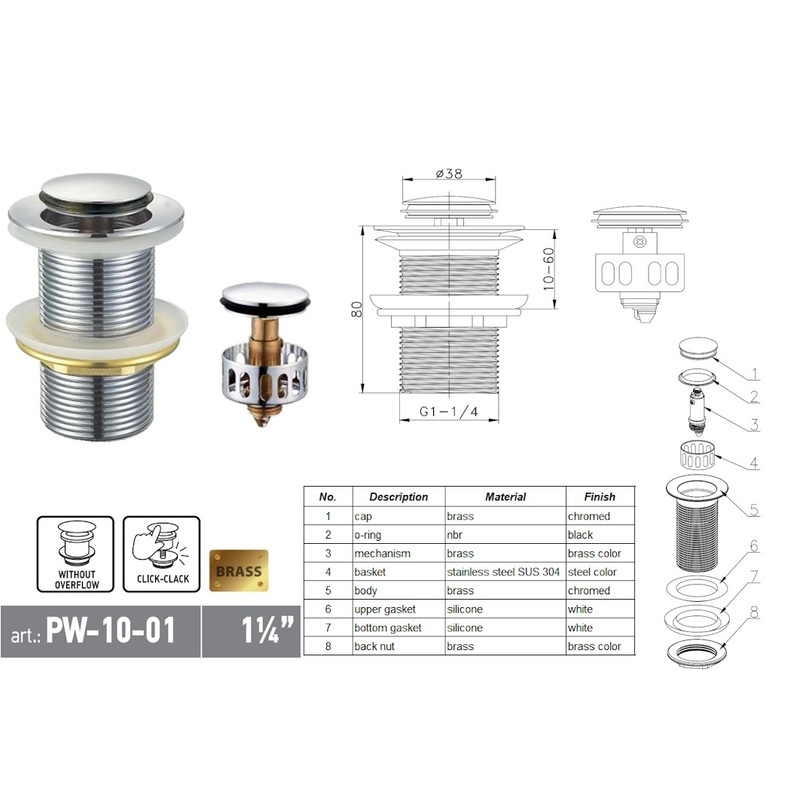 Донний клапан для раковини Koer PW-10-01 1 1/4'' СLICK-СLACK без переливу автоматичний, хром 