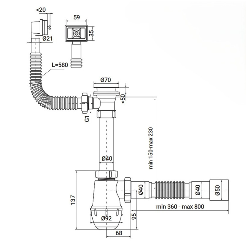 Сифон для кухні Zerix SK-04-А 1 1/2"x40 з різьбовим випуском та прямим переливом 