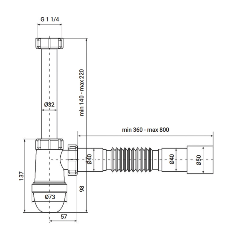 Сифон для раковины Zerix SU-03-В 1 1/4'' без выпуска, с ревизией, белый.