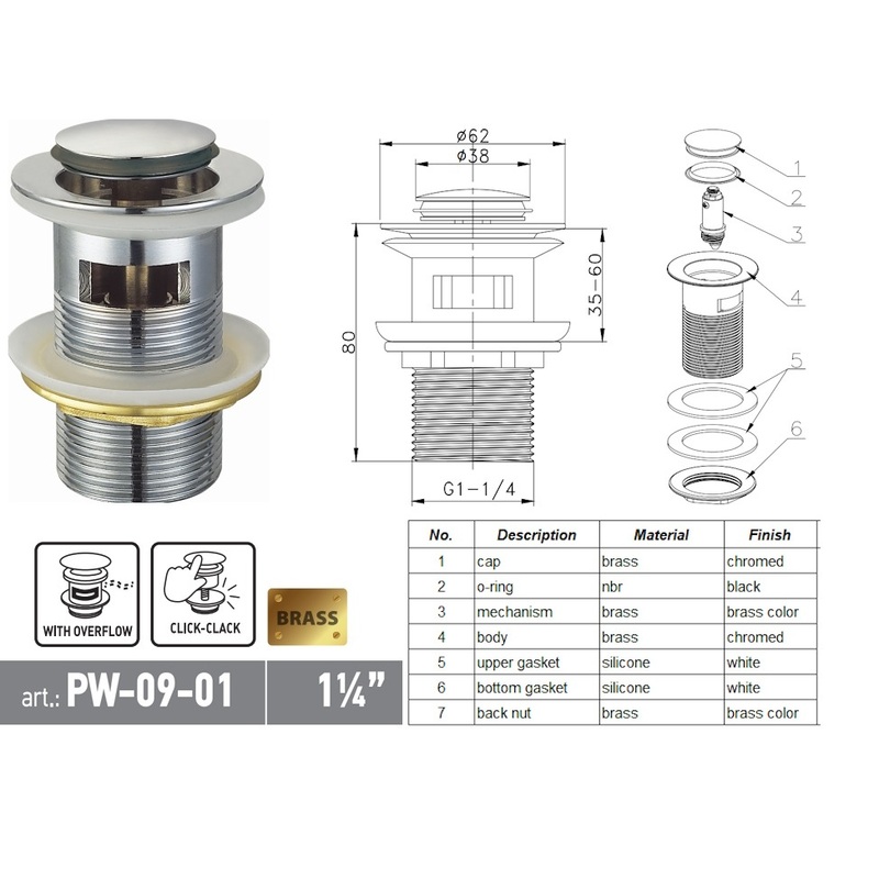Донний клапан для раковини Koer PW-09-01 1 1/4'' СLICK-СLACK з переливом автоматичний, хром 