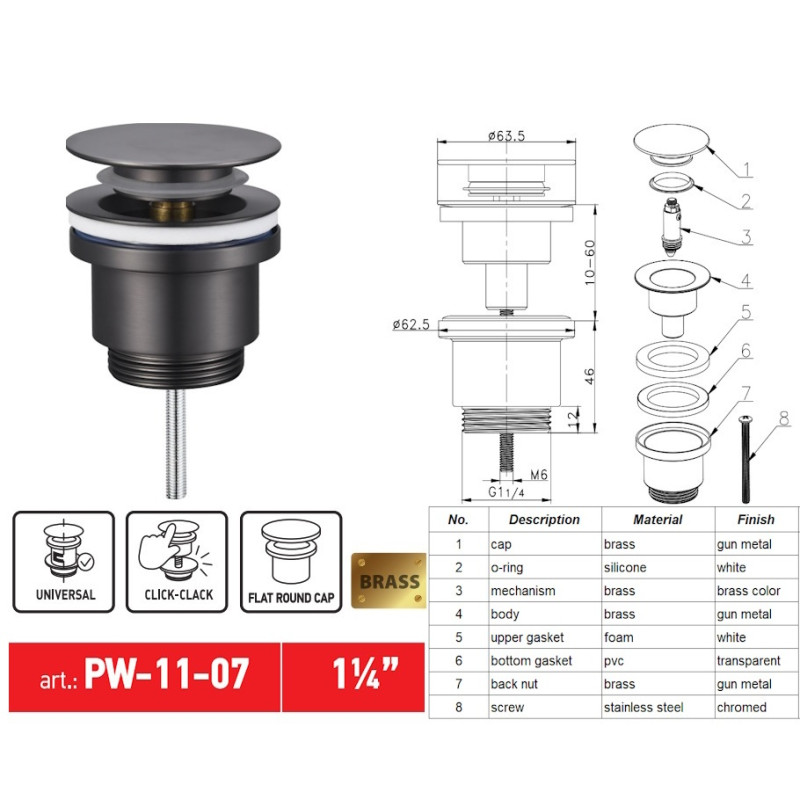 Донний клапан для раковини Koer PW-11-07 1 1/4''  СLICK-СLACK універсальний, графіт 