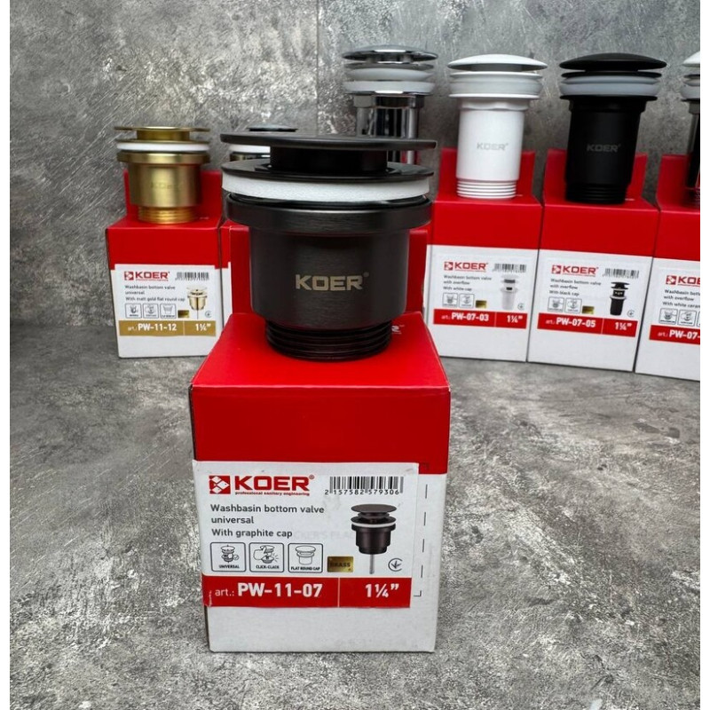 Донний клапан для раковини Koer PW-11-07 1 1/4''  СLICK-СLACK універсальний, графіт 