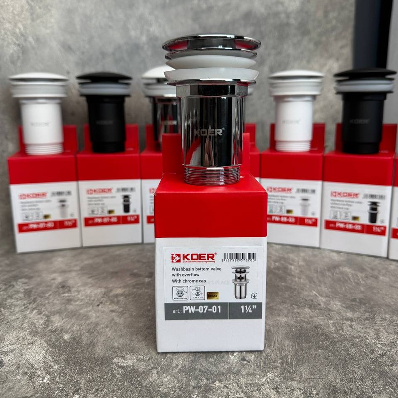 Донний клапан для раковини Koer PW-07-01 1 1/4'' СLICK-СLACK з переливом, автоматичний, хром  