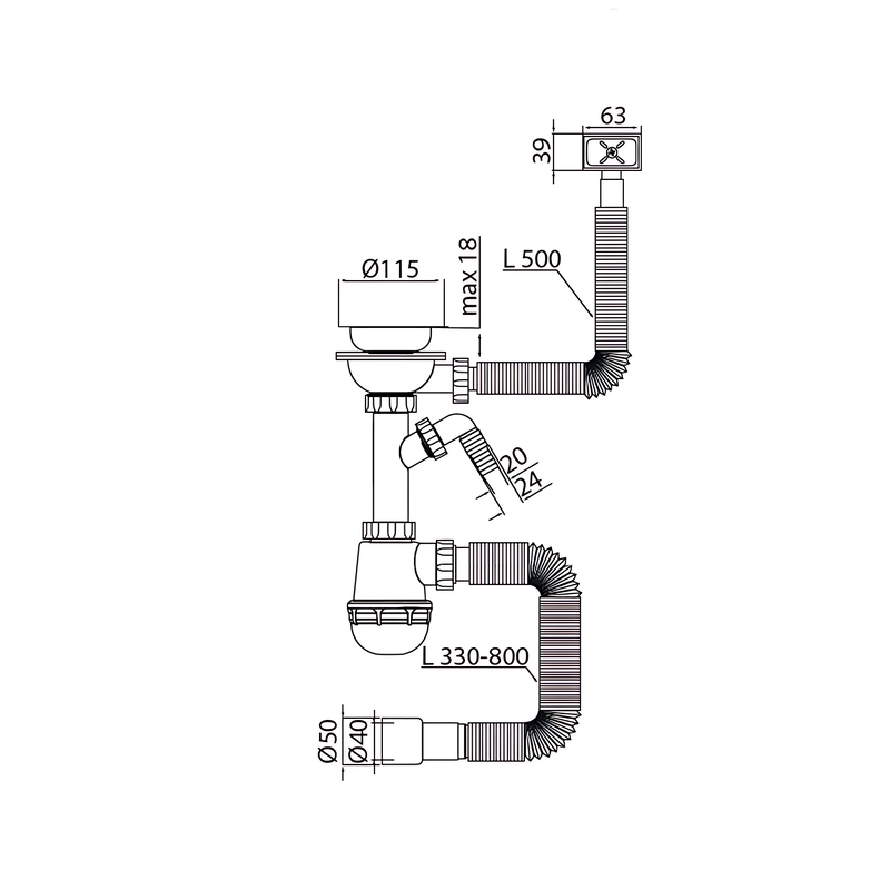 Сифон для кухни Mixxus SK-05-WH 3 1/2"x40 с отводом для стиральной машины, прямоугольный перелив.