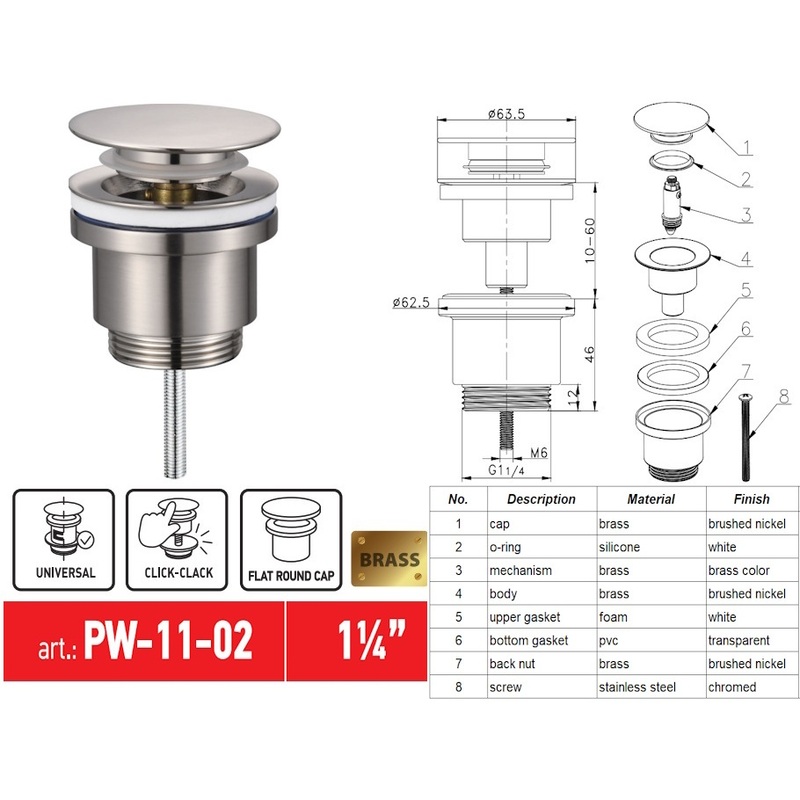 Донный клапан для раковины Koer PW-11-02 1 1/4'' СLICK-СLACK SS COLOR универсальный 