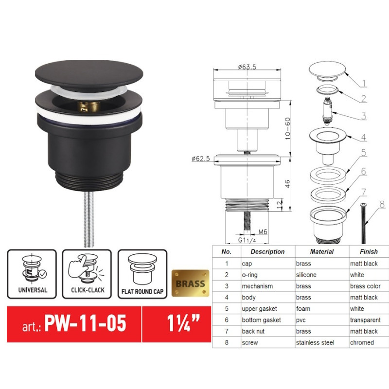Донний клапан для раковини Koer PW-11-05 1 1/4'' СLICK-СLACK універсальний, чорний 