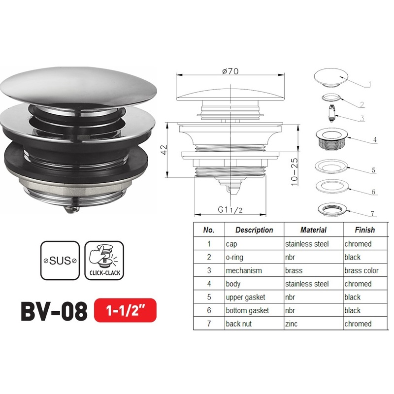 Донный клапан для ванны Zerix BV-08 1 1/2'' СLICK-СLACK автоматический, хром