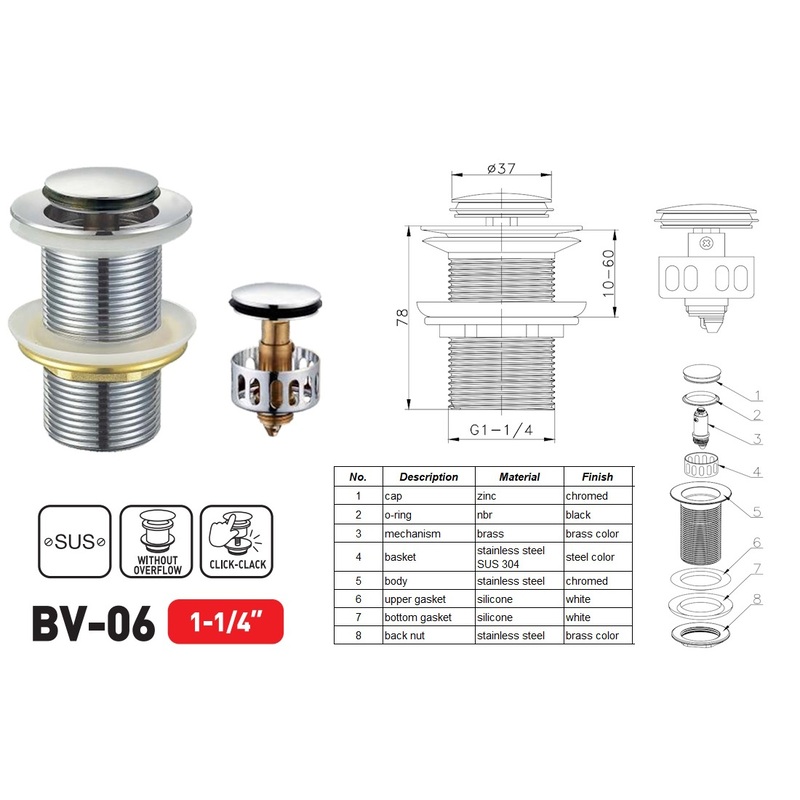 Донный клапан для раковины Zerix BV-06 1 1/4'' СLICK-СLACK без перелива, автоматический, хром