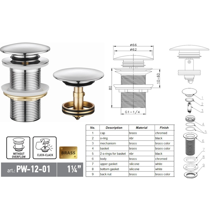 Донный клапан для раковины Koer PW-12-01 1 1/4'' СLICK-СLACK без перелива, автоматический, хром