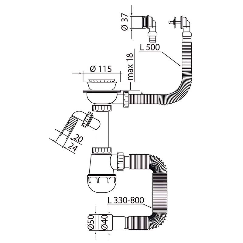 Сифон для кухні Mixxus SK-07-B 3 1/2"x40 з відведенням для пральної машини, круглий перелив 