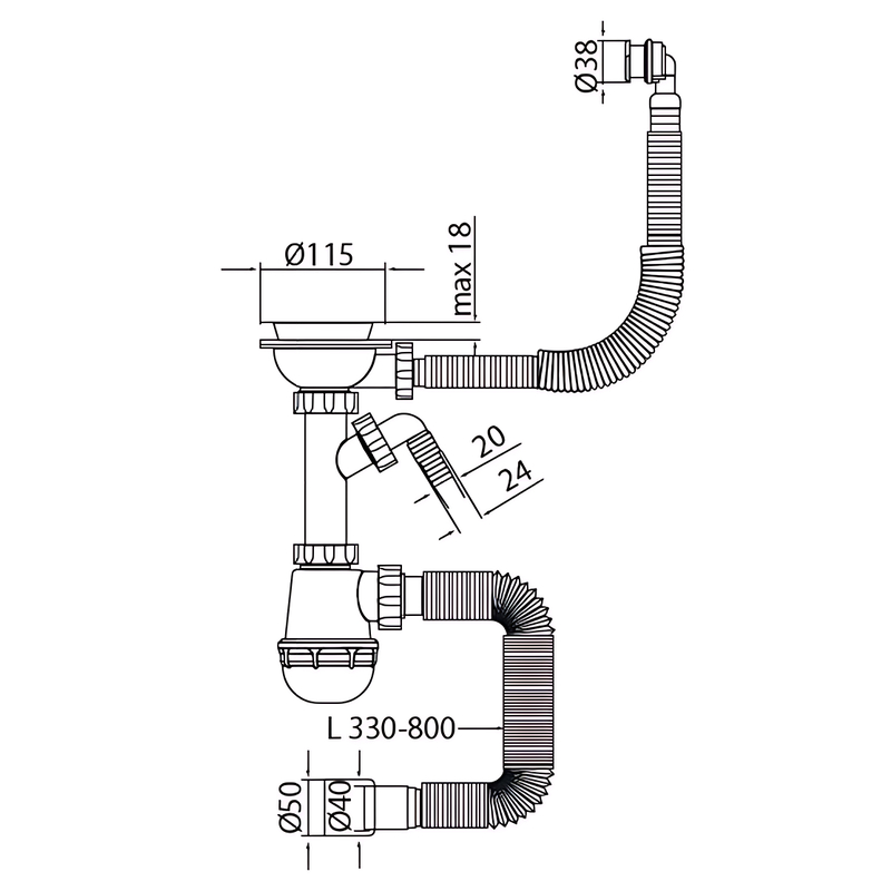Сифон для кухні Mixxus SK-06-BL 3 1/2"x40 з відведенням для пральної машини,круглий перелив 