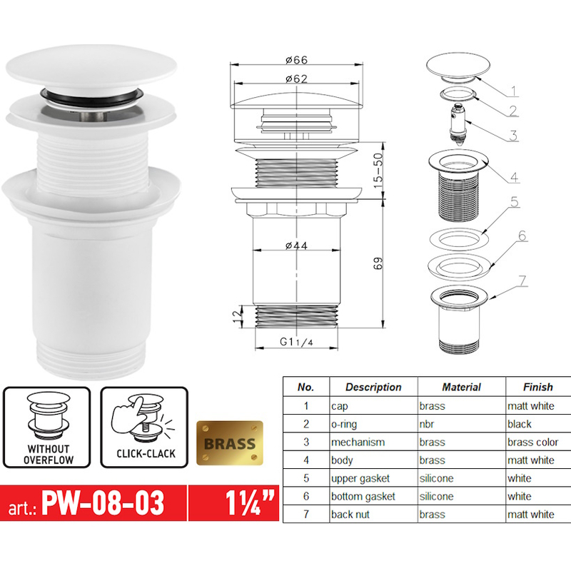 Донный клапан для раковины Koer PW-08-03 1 1/4'' СLICK-СLACK без перелива автоматический, белый