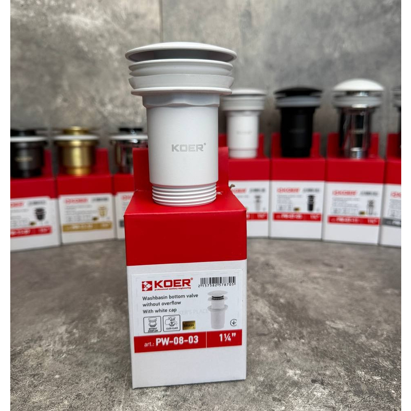 Донный клапан для раковины Koer PW-08-03 1 1/4'' СLICK-СLACK без перелива автоматический, белый
