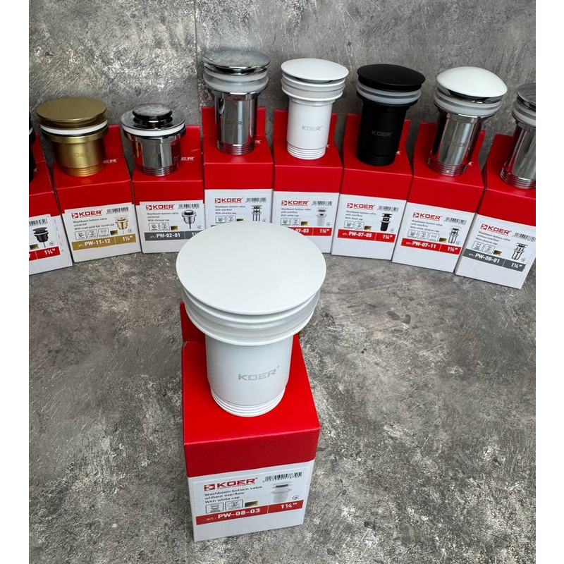 Донный клапан для раковины Koer PW-08-03 1 1/4'' СLICK-СLACK без перелива автоматический, белый