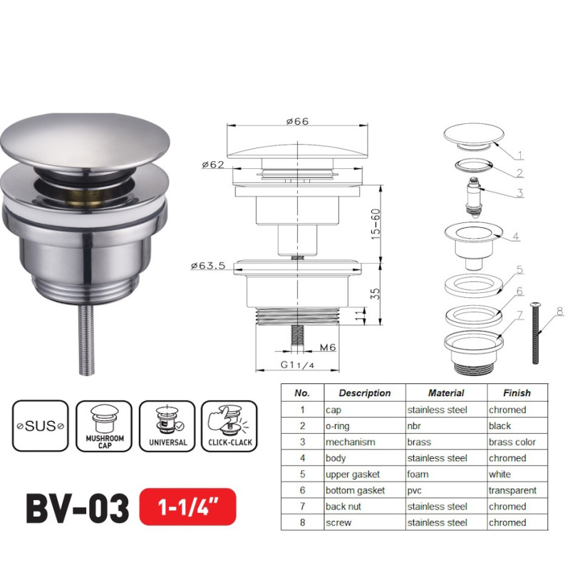 Донний клапан для раковини Zerix BV-03 1 1/4'' СLICK-СLACK універсальний, хром 