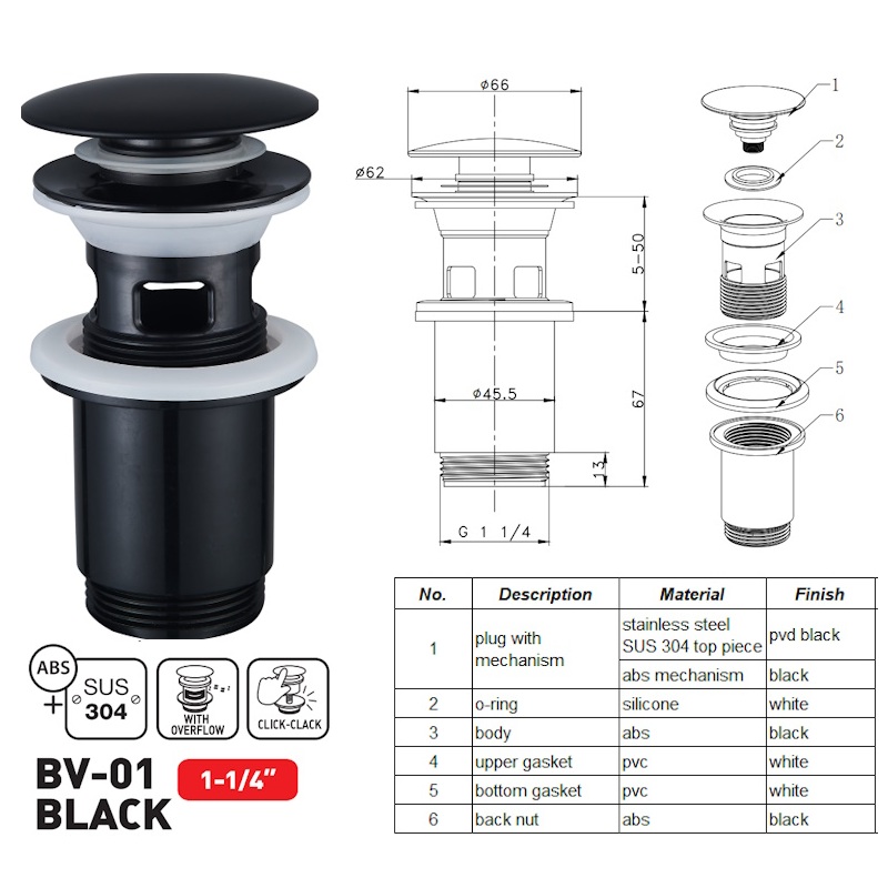 Донний клапан для раковини Zerix BV-01 BLACK 1 1/4'' СLICK-СLACK з переливом, автоматичний, чорний 
