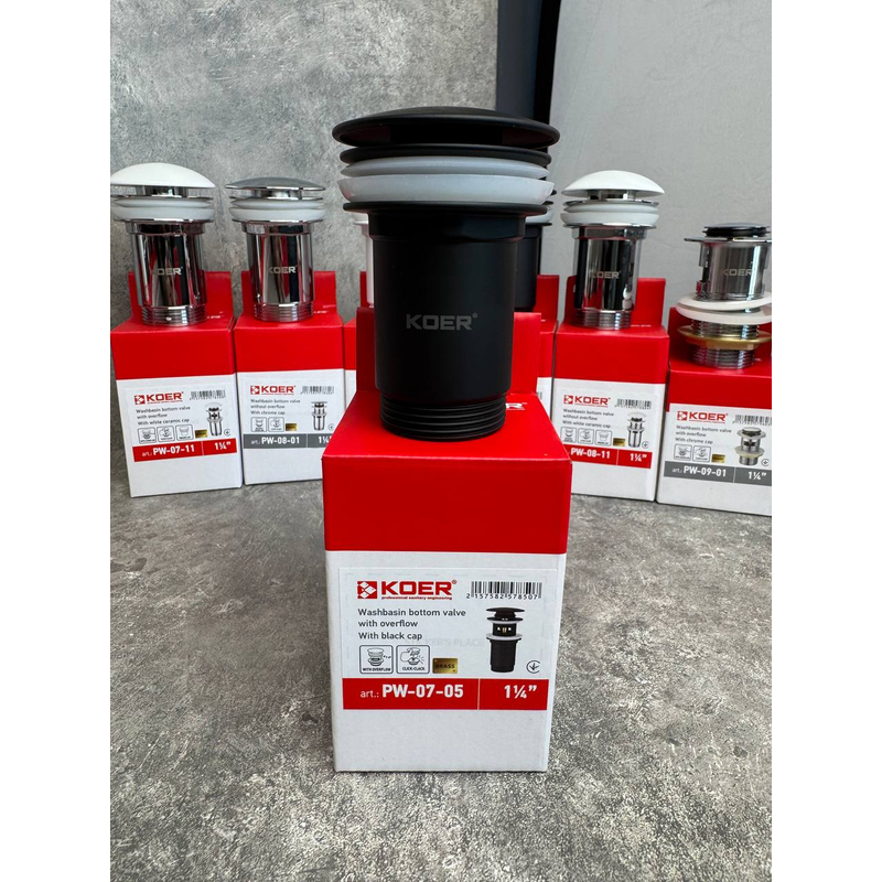 Донний клапан для раковини Koer PW-07-05 1 1/4''  СLICK-СLACK з переливом, автоматичний, чорний 