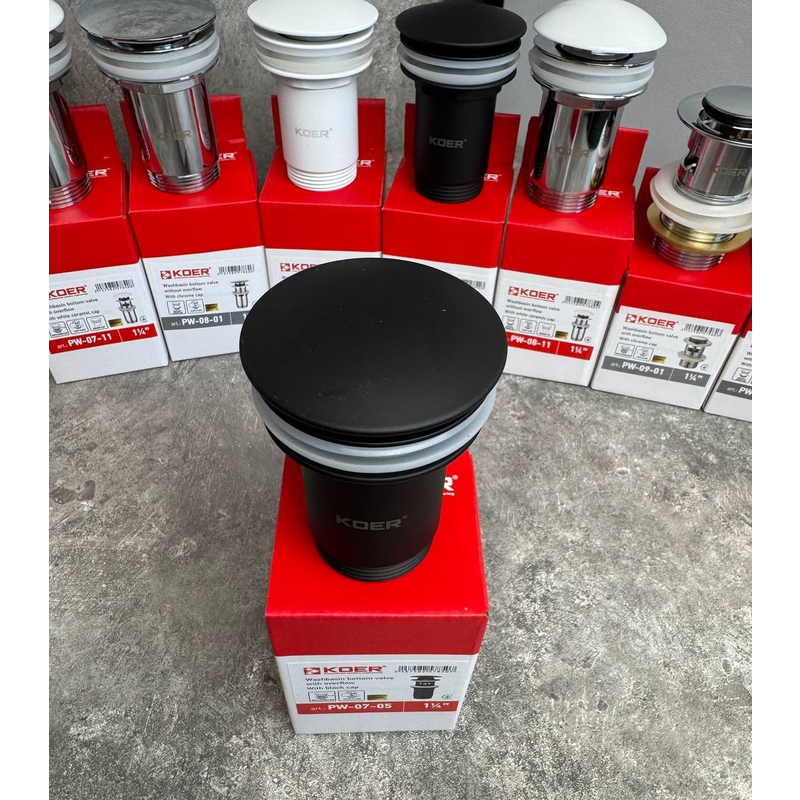 Донний клапан для раковини Koer PW-07-05 1 1/4''  СLICK-СLACK з переливом, автоматичний, чорний 