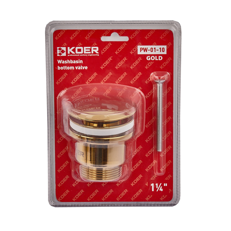 Донный клапан для раковины Koer PW-01-10 1 1/4'' СLICK-СLACK универсальный, автоматический, золото