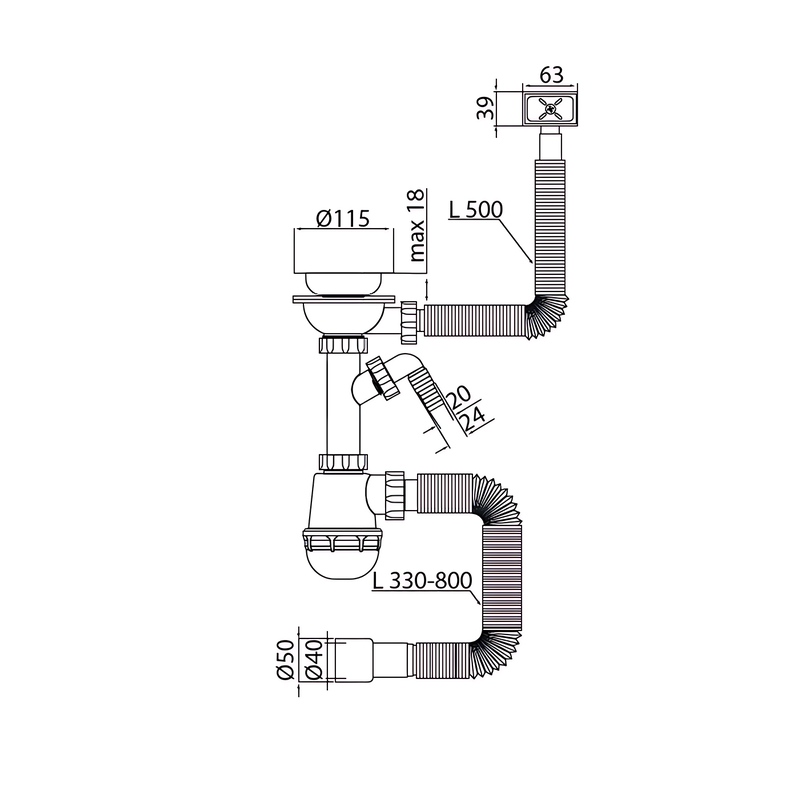 Сифон для кухні Mixxus SK-05-BL 3 1/2"x40 з відведенням для пральної машини, прямокутний перелив 