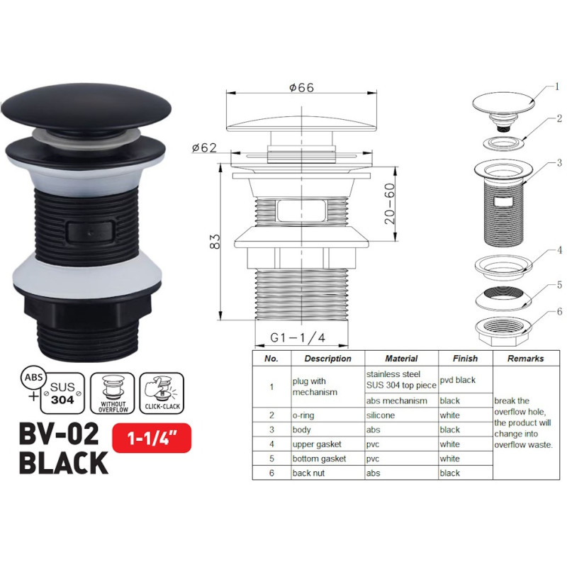 Донный клапан для раковины Zerix BV-02 BLACK 1 1/4''СLICK-СLACK без перелива, автоматический, черный