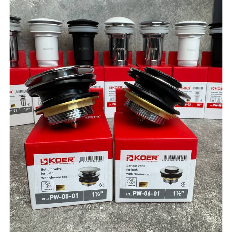 Донный клапан для ванны Koer PW-06-01 1 1/2'' СLICK-СLACK автоматический, хром