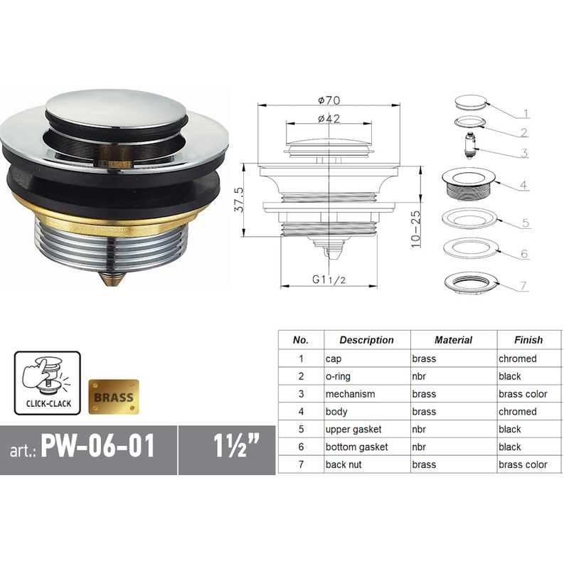 Донный клапан для ванны Koer PW-06-01 1 1/2'' СLICK-СLACK автоматический, хром
