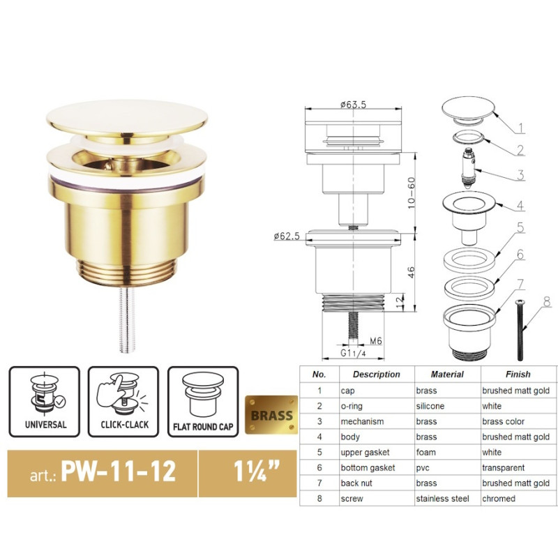 Донный клапан для раковины Koer PW-11-12 1 1/4'' СLICK-СLACK универсальный золотой матовый