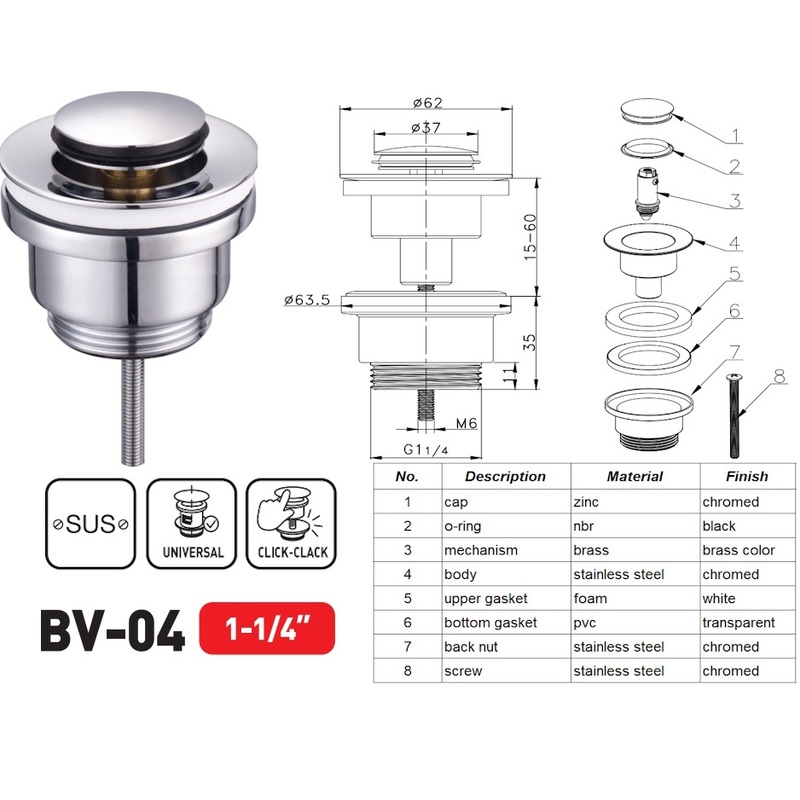 Донный клапан для раковины Zerix BV-04 1 1/4'' СLICK-СLACK универсальный, хром