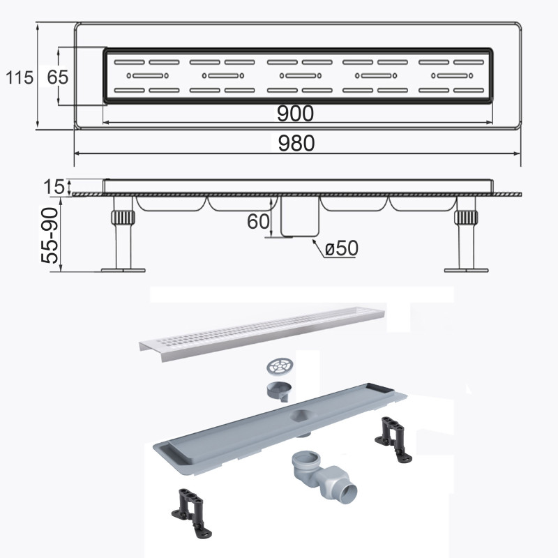 Душовий трап TILLO TM009-90 90см лінійний 