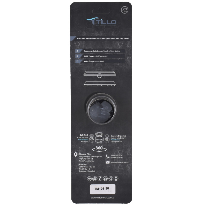 Душовий трам TILLO  TM101-30 SUS304 ⌀50, 100*300мм, решітка нержавіюча сталь, сифон, з сухим затвором  